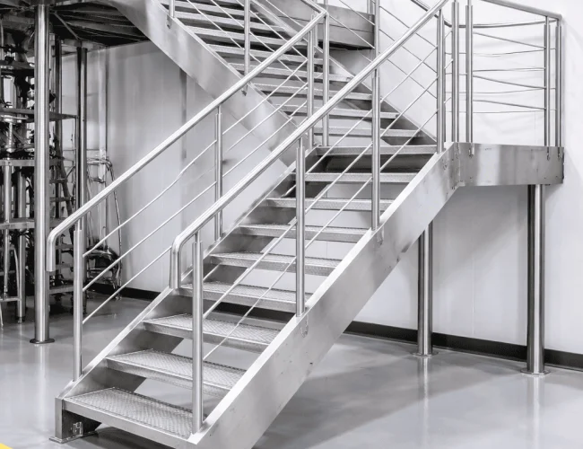 Industrial L-stair — perforated treads & SS guard