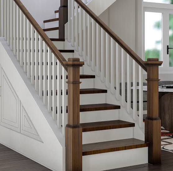 Dark walnut handrail with white square wooden balusters and matching treads Dark walnut handrail with white square wooden balusters and matching treads